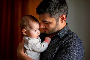 Ein Vater hält sein Baby eng an sich und legt das Gesicht an dessen Kopf