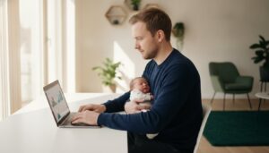 Vater mit Baby im Arm arbeitet am Laptop