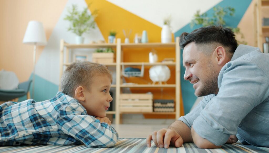 Vater und Sohn sitzen auf dem Boden und sehen sich an