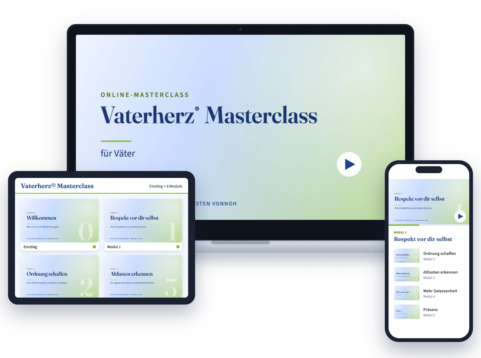 Die Vaterherz® Masterclass auf Laptop, Tablet und Smartphone: Kursübersicht mit Einstieg und Modulen